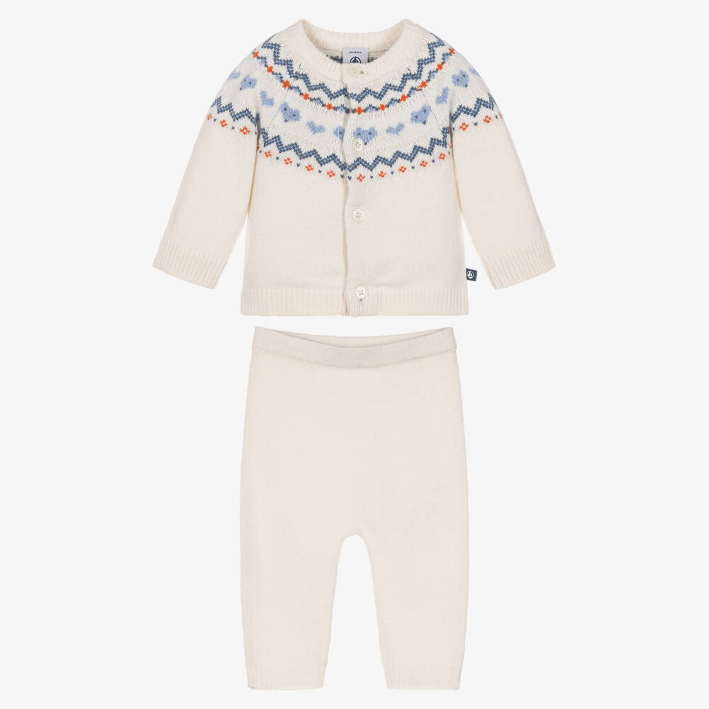 Petit Bateau-Ivory & Blue Jacquard Knit Trouser Set | Childrensalon