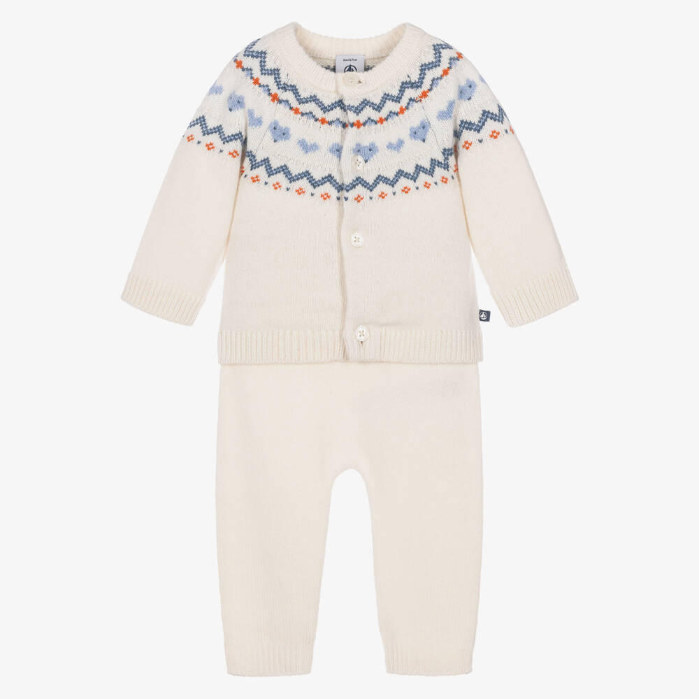 Petit Bateau-Ivory & Blue Jacquard Knit Trouser Set | Childrensalon