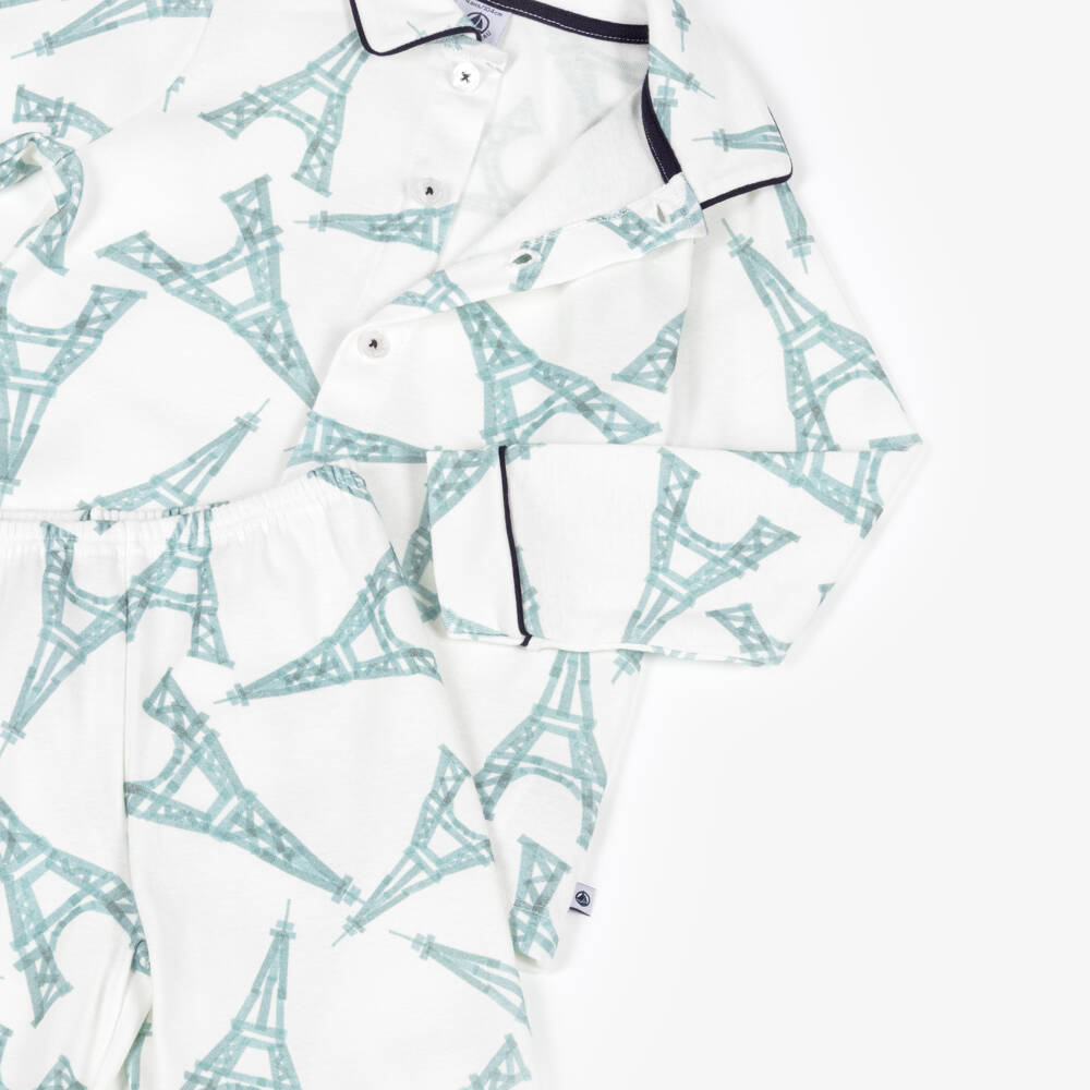 Petit Bateau-Boys Ivory Cotton Long Pyjamas with Eiffel Tower Print | Childrensalon