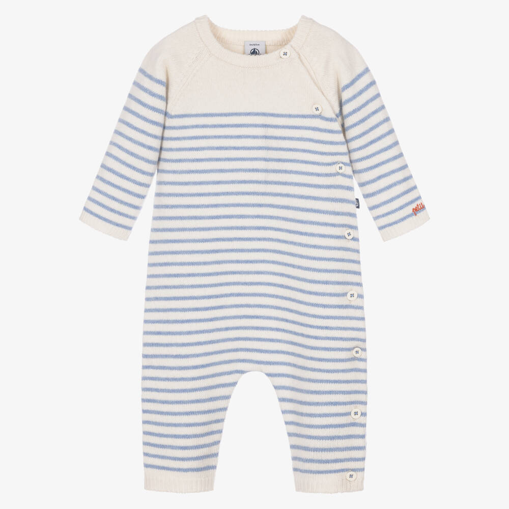 Petit Bateau-Ivory & Blue Stripy Knit Romper | Childrensalon