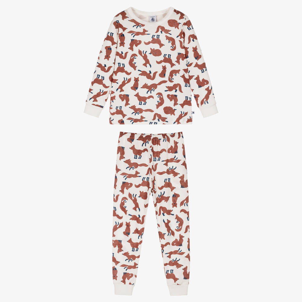 Petit Bateau-Ivory & Brown Fox Print Pyjamas with Mask | Childrensalon