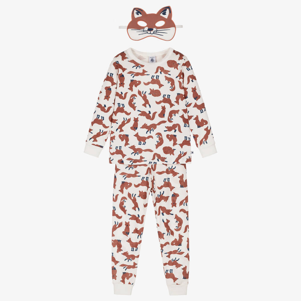Petit Bateau-Ivory & Brown Fox Print Pyjamas with Mask | Childrensalon