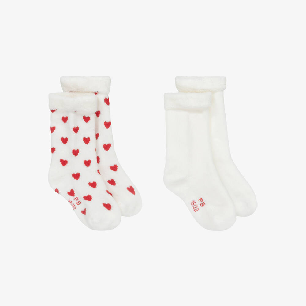 Petit Bateau-جوارب قطن بنقشة قلوب لون أبيض وأحمر للأطفال الرضع (عدد 2) | Childrensalon