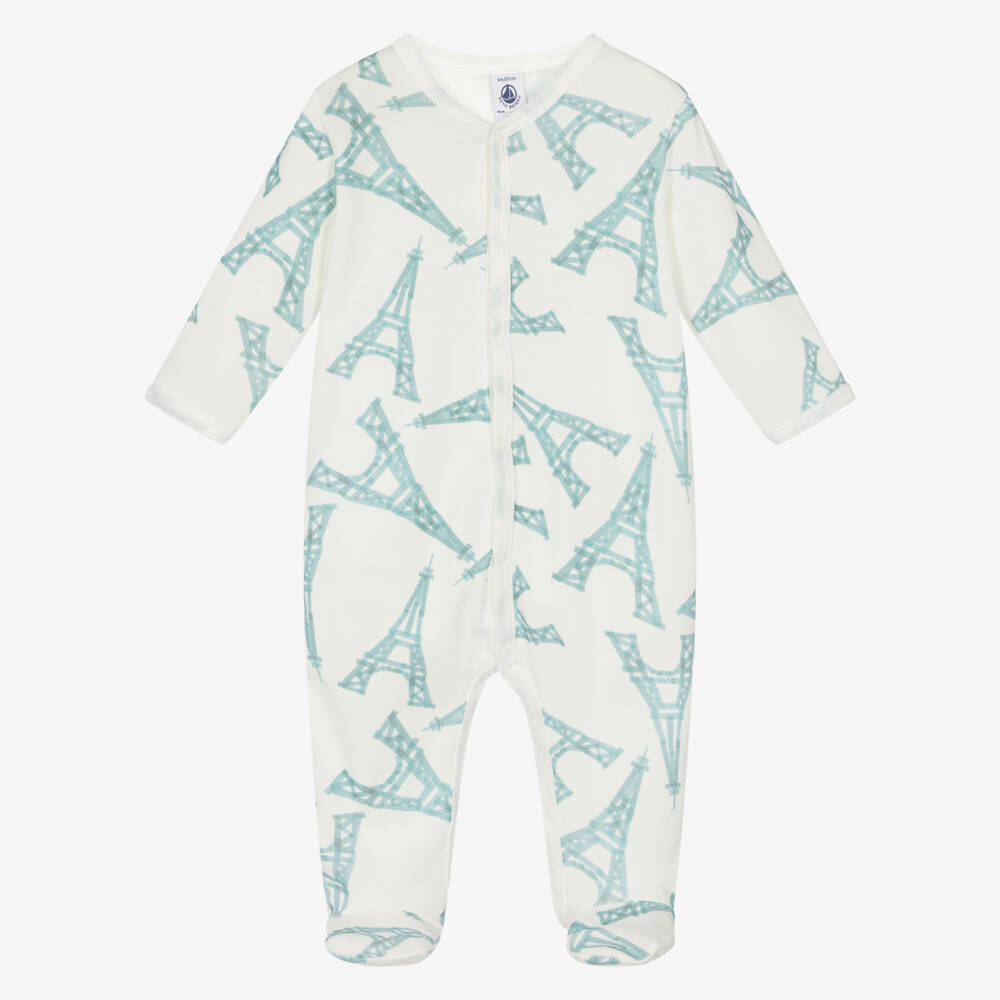 Petit Bateau-Ivory Cotton Babygrow with Eiffel Tower Print | Childrensalon