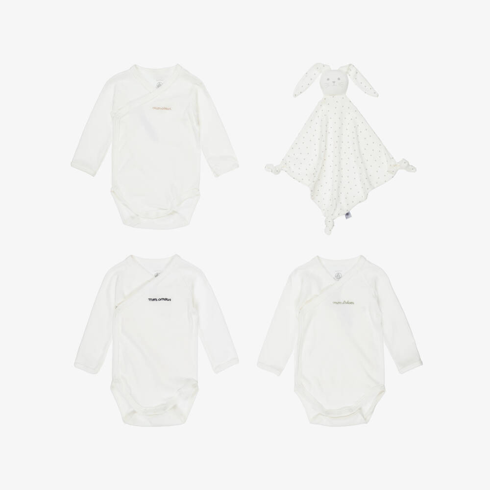 Petit Bateau-طقم بودي سوت ودمية لتهدئة الرضيع قطن لون عاجي | Childrensalon