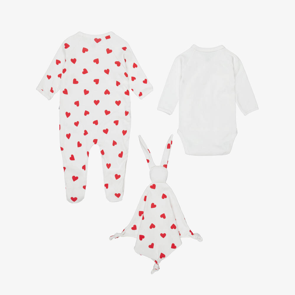 Petit Bateau-Ivory Cotton Babysuit Set with Red Heart Print | Childrensalon