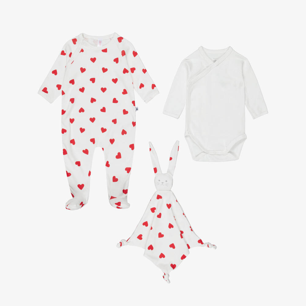 Petit Bateau-Ivory Cotton Babysuit Set with Red Heart Print | Childrensalon