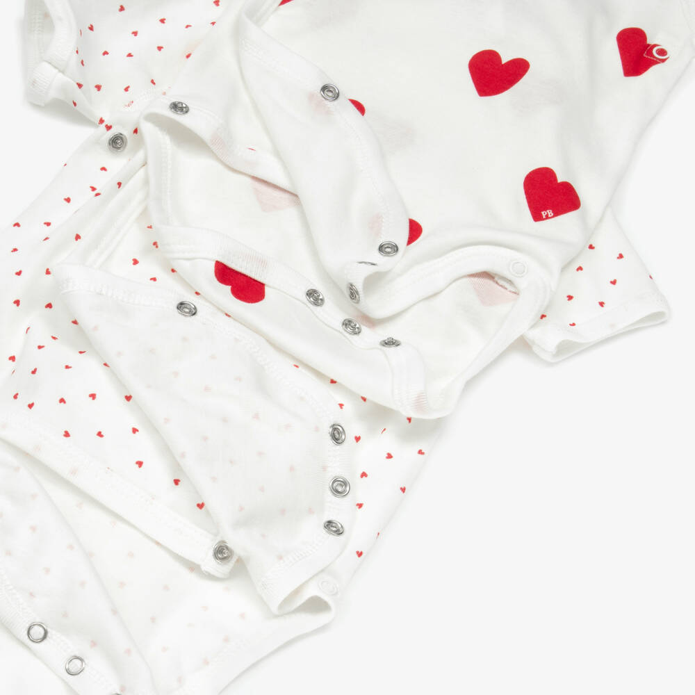 Petit Bateau-ivory Cotton Bodyests with Red Hearts (3 Pack) | Childrensalon