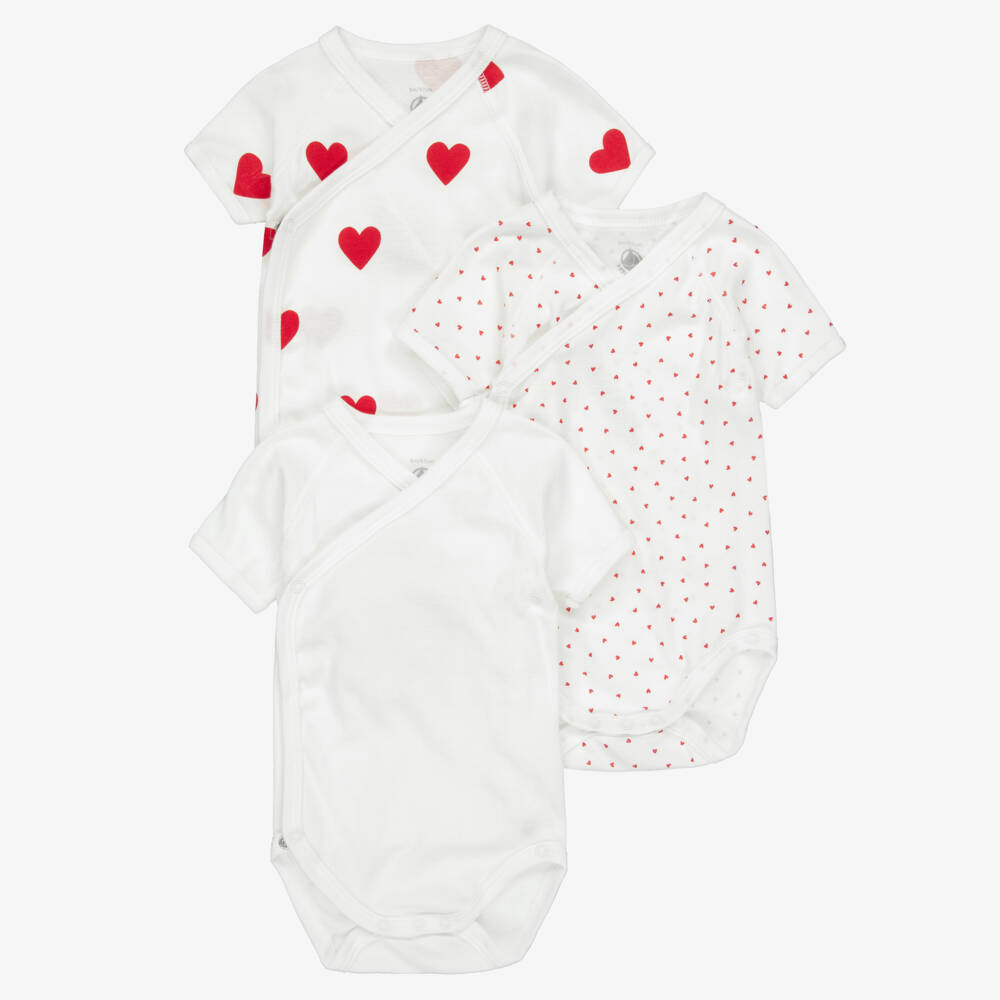 Petit Bateau-ivory Cotton Bodyests with Red Hearts (3 Pack) | Childrensalon