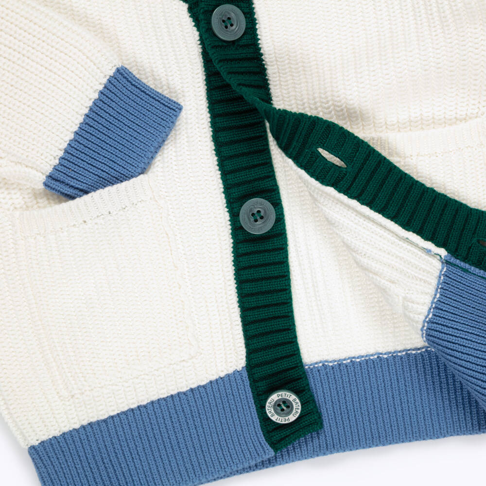Petit Bateau-Ivory Cotton Cardigan with Green & Blue Trims | Childrensalon