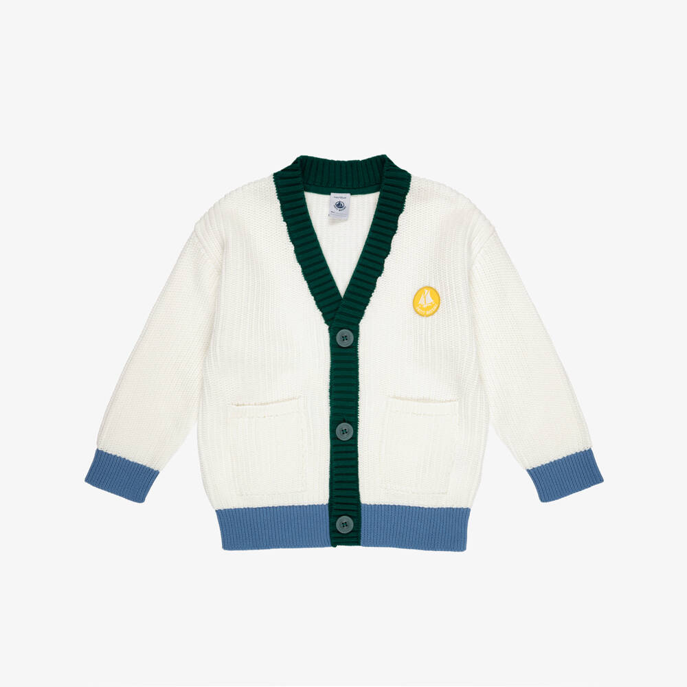Petit Bateau-Ivory Cotton Cardigan with Green & Blue Trims | Childrensalon