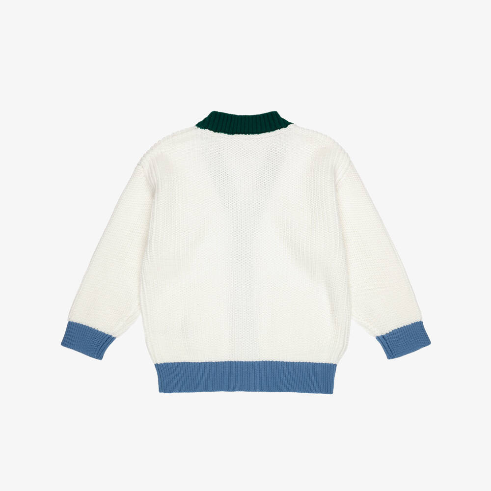 Petit Bateau-Ivory Cotton Cardigan with Green & Blue Trims | Childrensalon