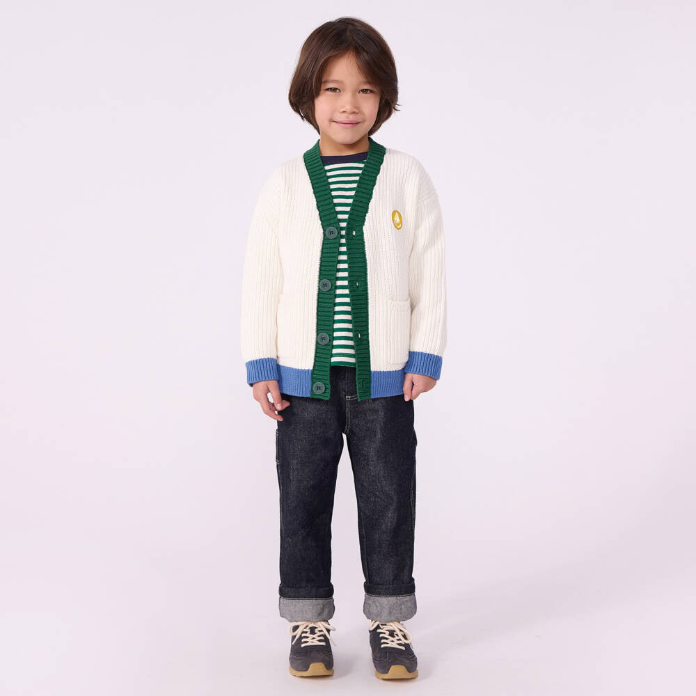 Petit Bateau-Кремовый хлопковый кардиган с зелёной и синей отделкой | Childrensalon