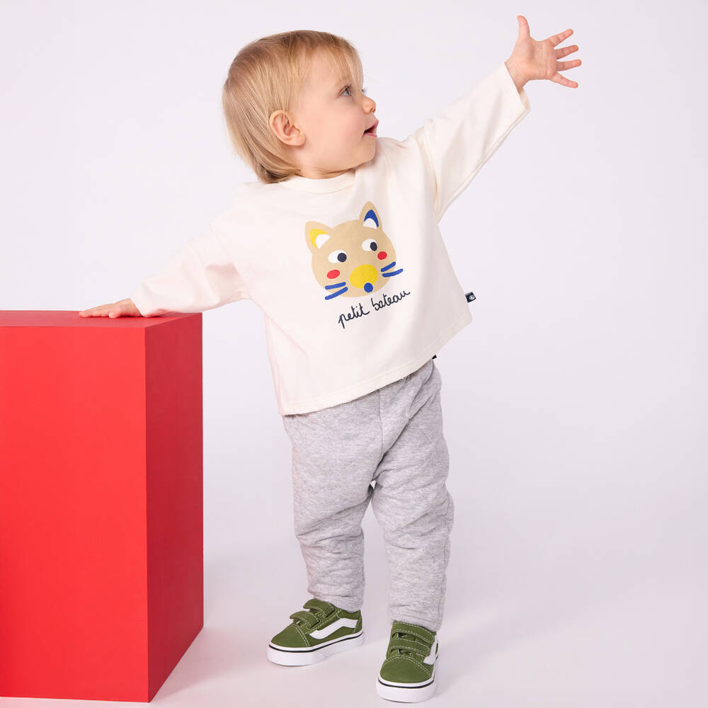 Petit Bateau-Ivory Cotton Cat Top with Script Logo | Childrensalon