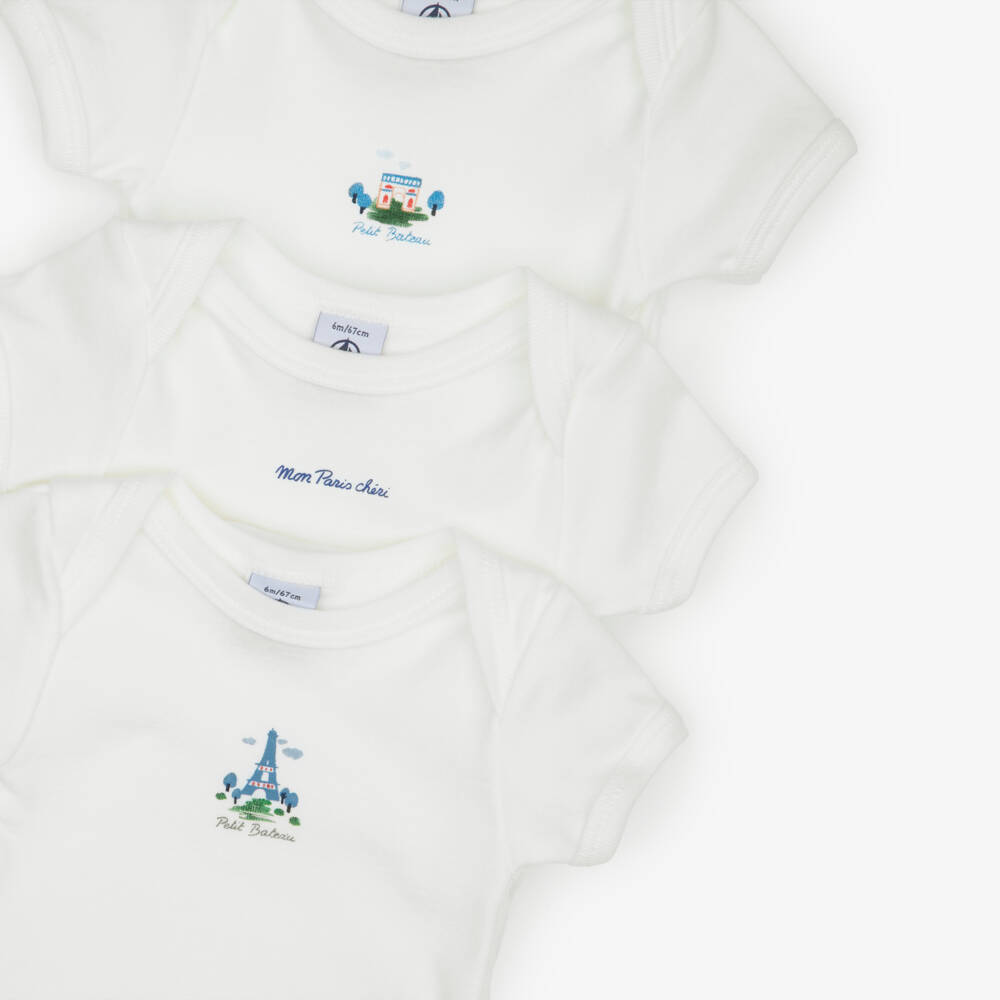 Petit Bateau-Ivory Cotton Paris-Themed Bodyvests (3 Pack) | Childrensalon
