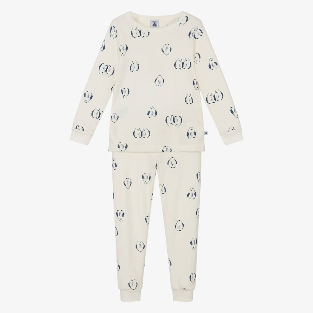 Petit Bateau-Ivory Cotton Pyjamas with Navy Blue Penguin Print | Childrensalon