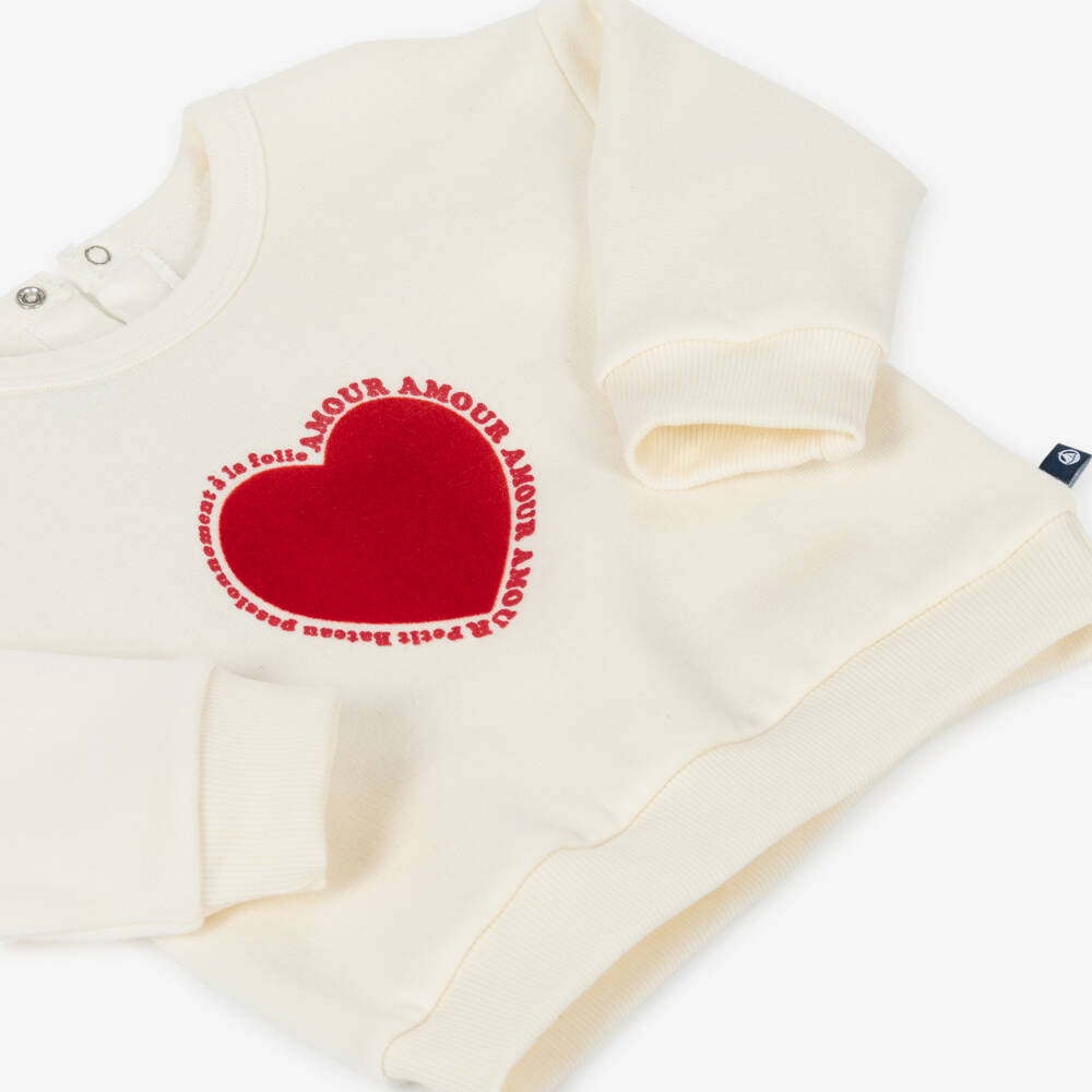 Petit Bateau-Ivory Cotton Sweatshirt with Flocked Red Heart  | Childrensalon
