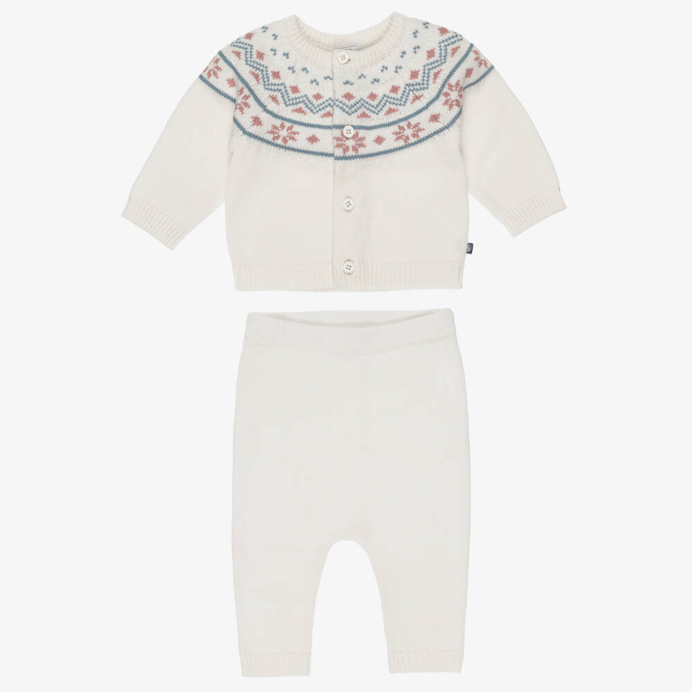Petit Bateau-Ivory Fair Isle Cotton & Wool Knit Baby Trouser Set | Childrensalon