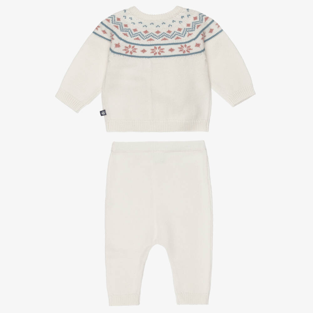 Petit Bateau-Ivory Fair Isle Cotton & Wool Knit Baby Trouser Set | Childrensalon