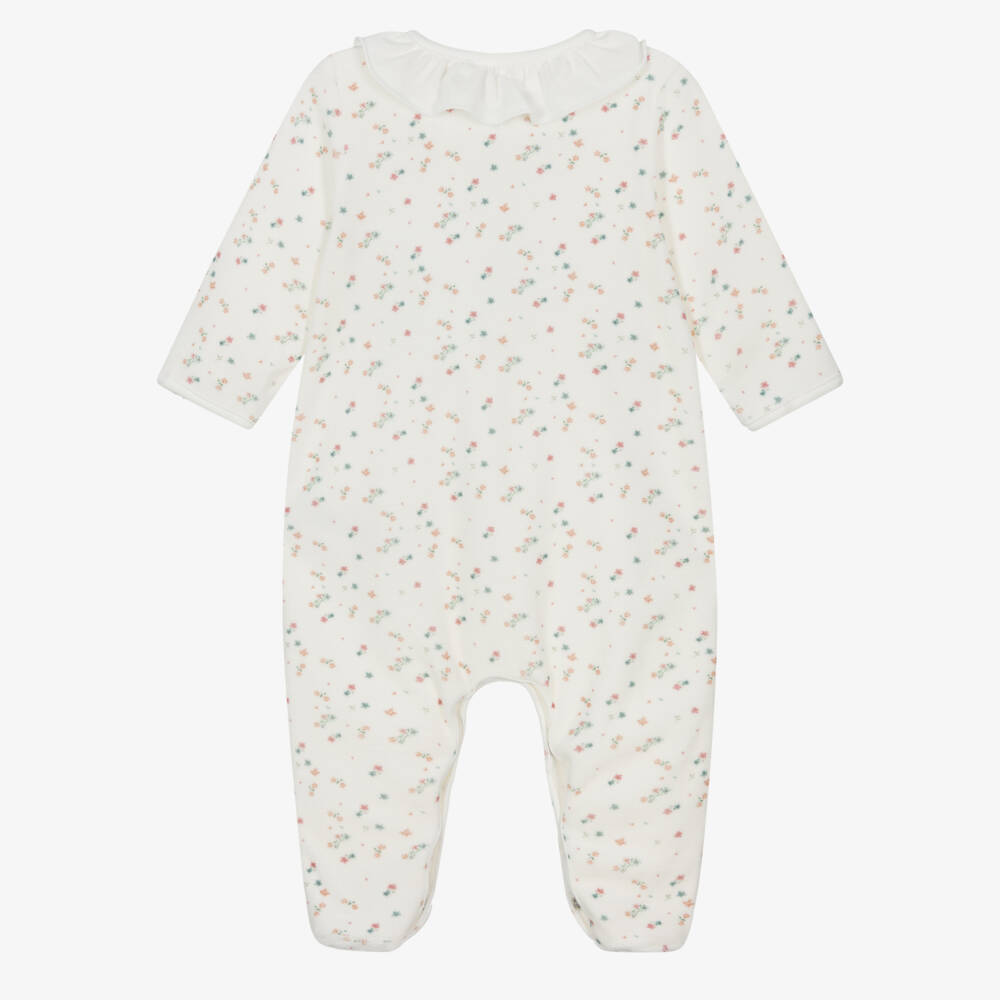 Petit Bateau-Ivory Floral Velour Babygrow with Ruffle Collar | Childrensalon