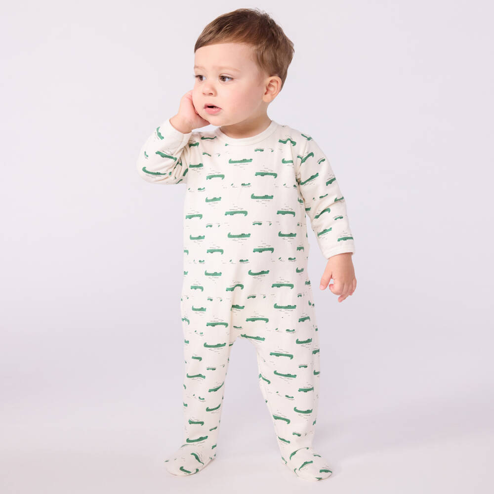 Petit Bateau-Ivory & Green Crocodile Print Organic Cotton Babygrow | Childrensalon