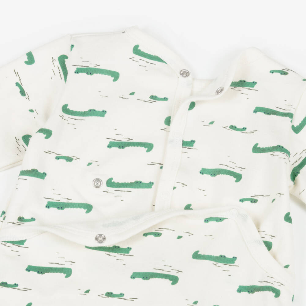 Petit Bateau-Ivory & Green Crocodile Print Organic Cotton Babygrow | Childrensalon