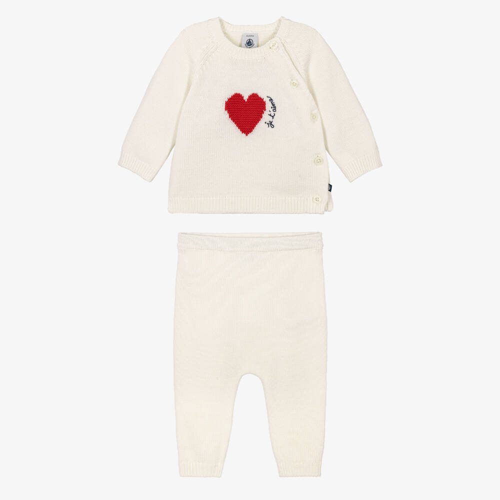 Petit Bateau-Ivory Knitted Baby Trouser Set with Red Heart Motif | Childrensalon