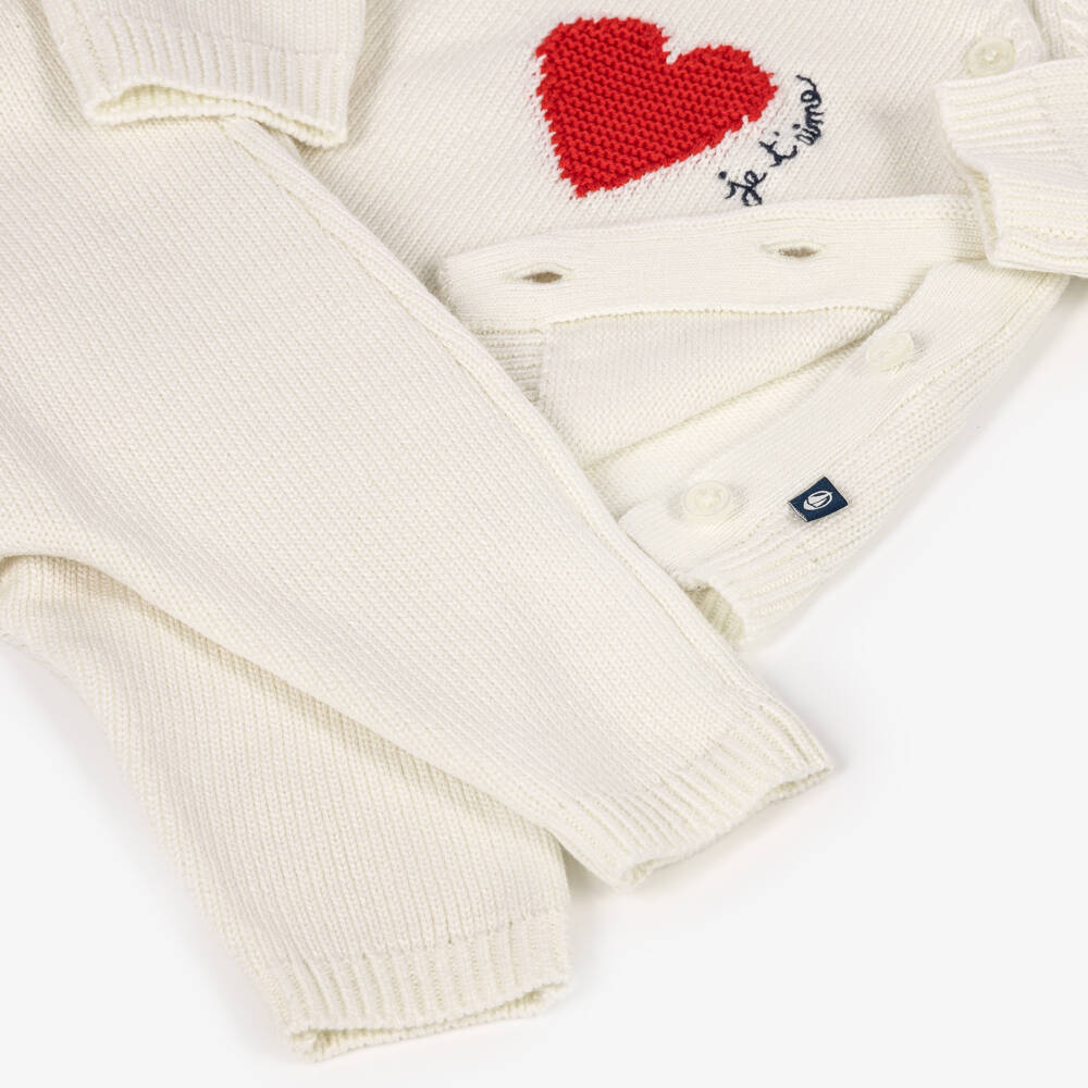 Petit Bateau-Ivory Knitted Baby Trouser Set with Red Heart Motif | Childrensalon