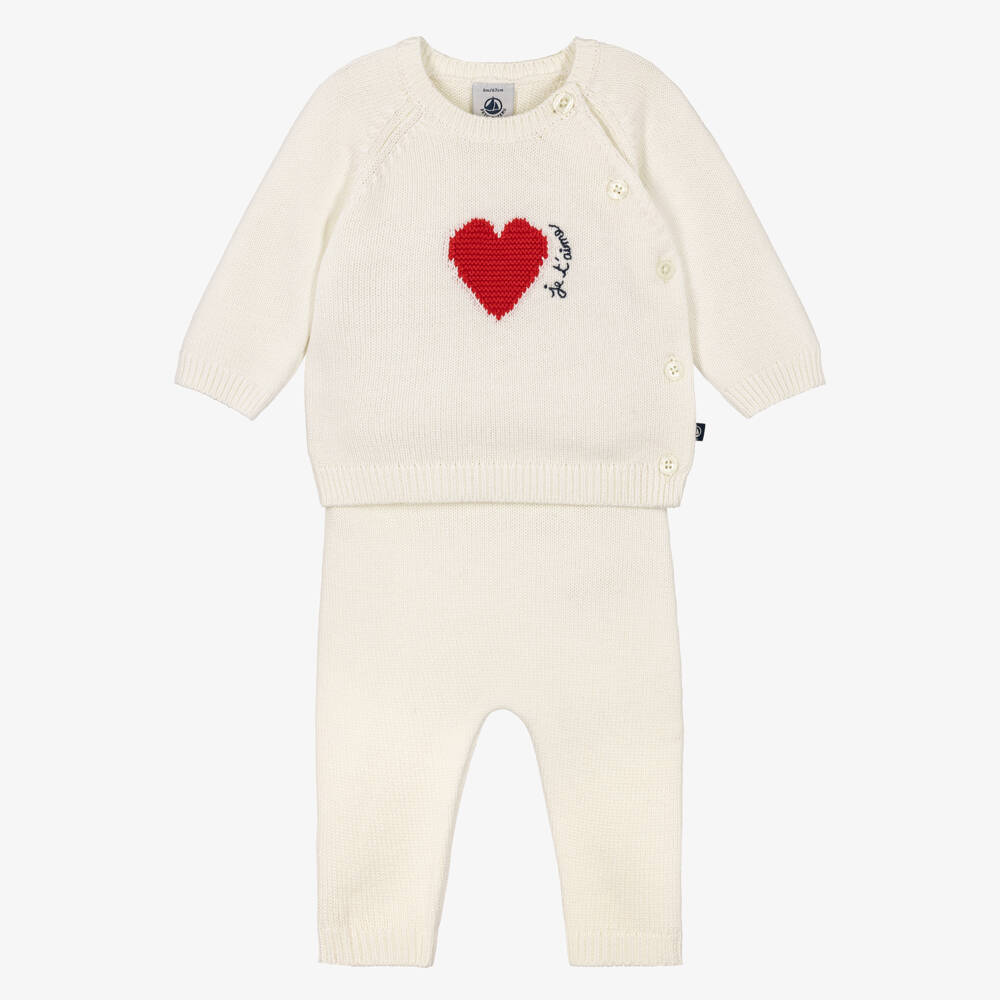 Petit Bateau-Ivory Knitted Baby Trouser Set with Red Heart Motif | Childrensalon