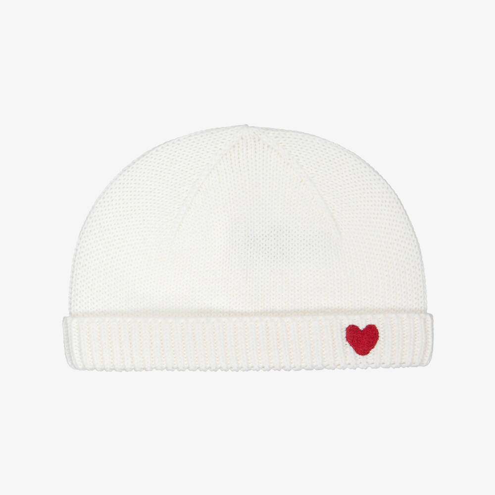 Petit Bateau-Ivory Knitted Cotton Baby Hat with Embroidered Heart | Childrensalon
