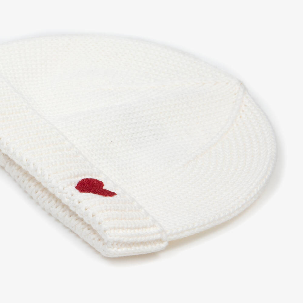 Petit Bateau-Ivory Knitted Cotton Baby Hat with Embroidered Heart | Childrensalon