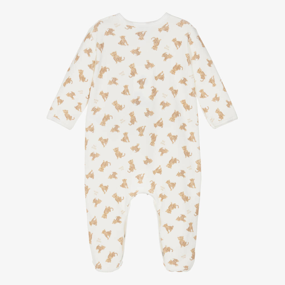 Petit Bateau-Ivory Leopard Print Organic Cotton Velour Jersey Babygrow | Childrensalon