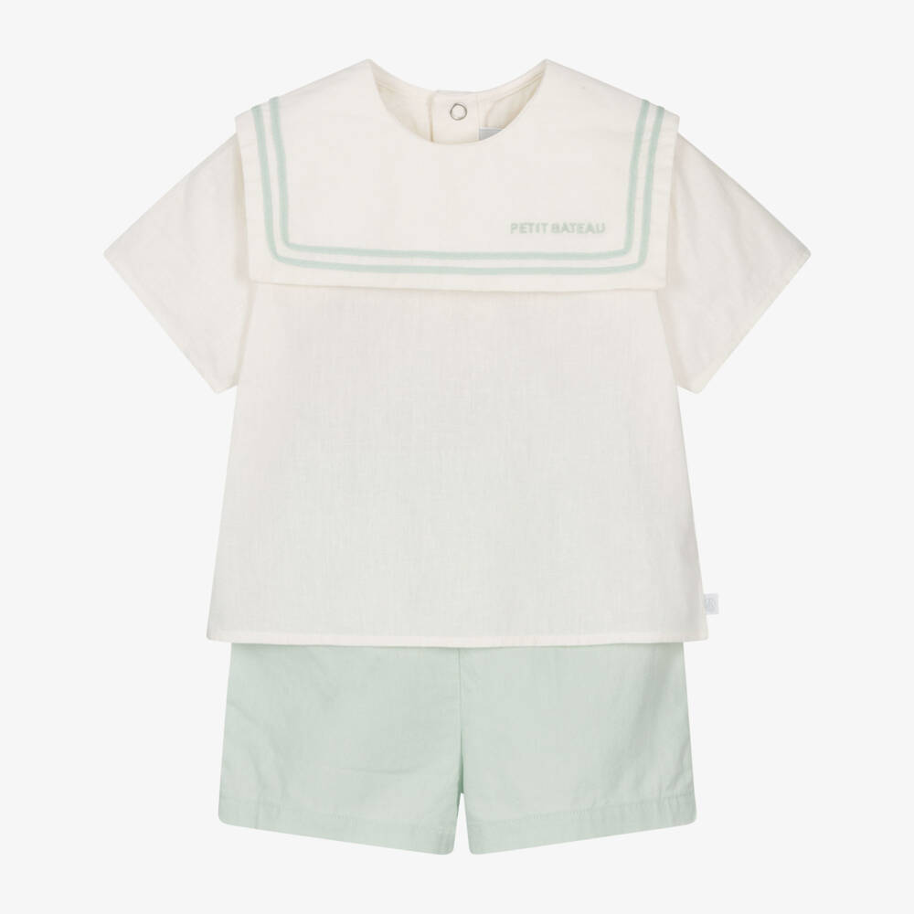 Petit Bateau-طقم شورت ستايل بحار لون عاجي وأخضر نعناعي | Childrensalon