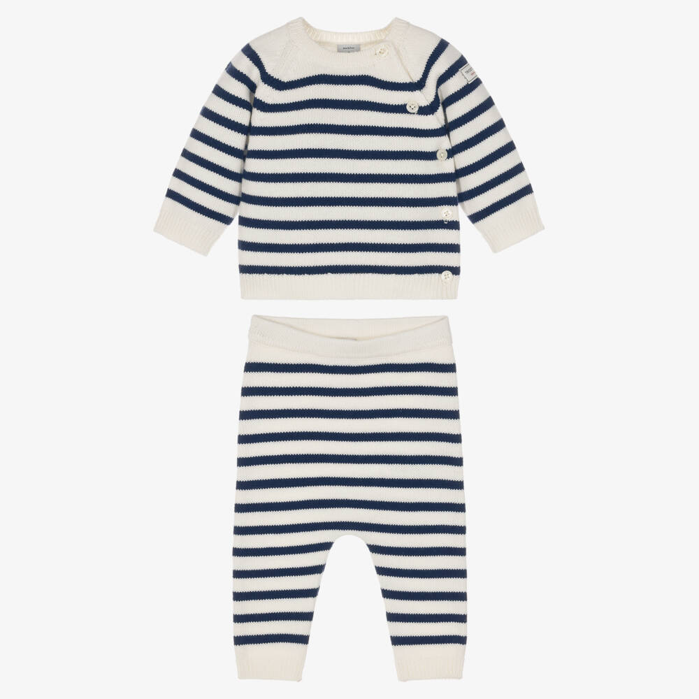 Petit Bateau-Ivory & Navy Blue Breton Stripe Knitted Baby Trousers Set | Childrensalon