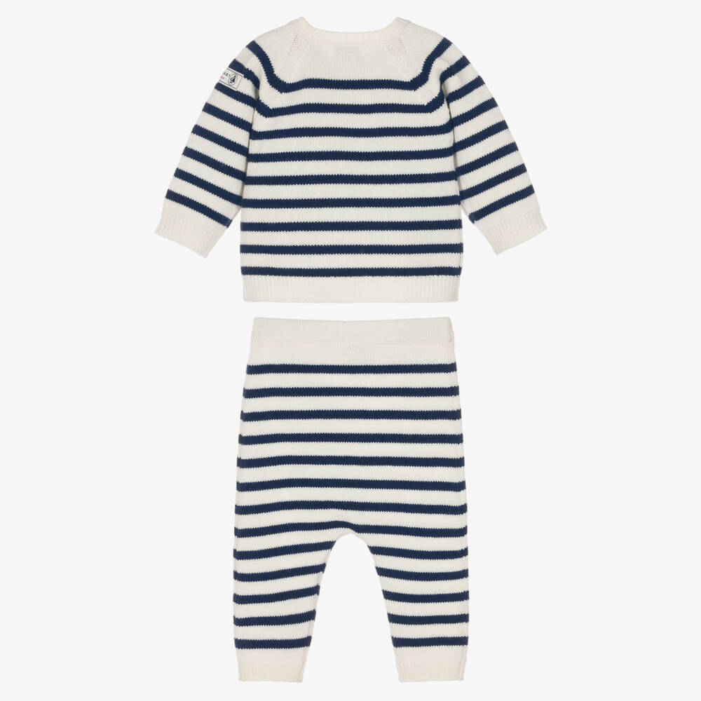 Petit Bateau-Ivory & Navy Blue Breton Stripe Knitted Baby Trousers Set | Childrensalon