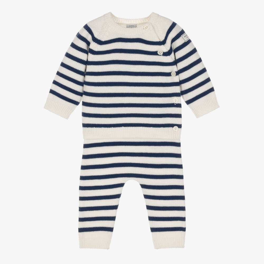 Petit Bateau-Ivory & Navy Blue Breton Stripe Knitted Baby Trousers Set | Childrensalon