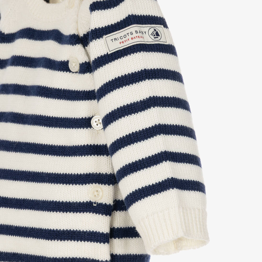 Petit Bateau-Ivory & Navy Blue Breton Stripe Knitted Baby Trousers Set | Childrensalon