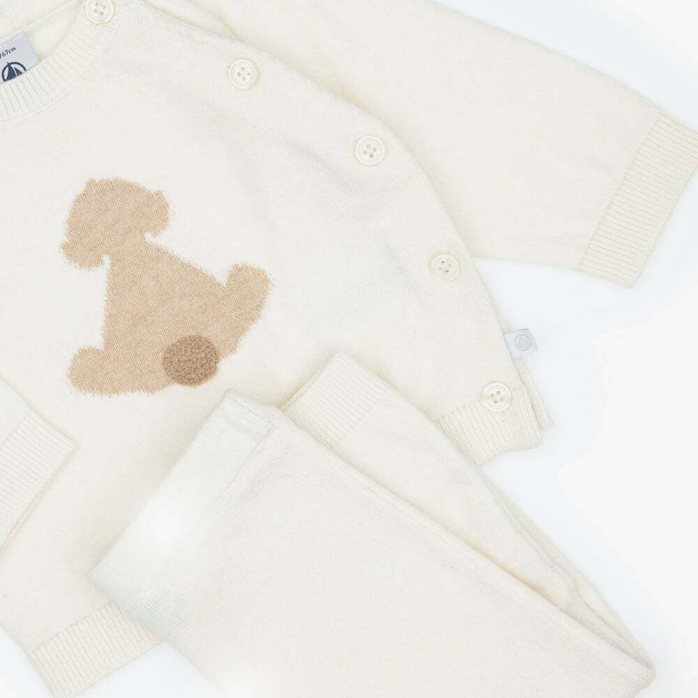 Petit Bateau-Ivory Organic Cotton Knit Baby Trouser Set | Childrensalon