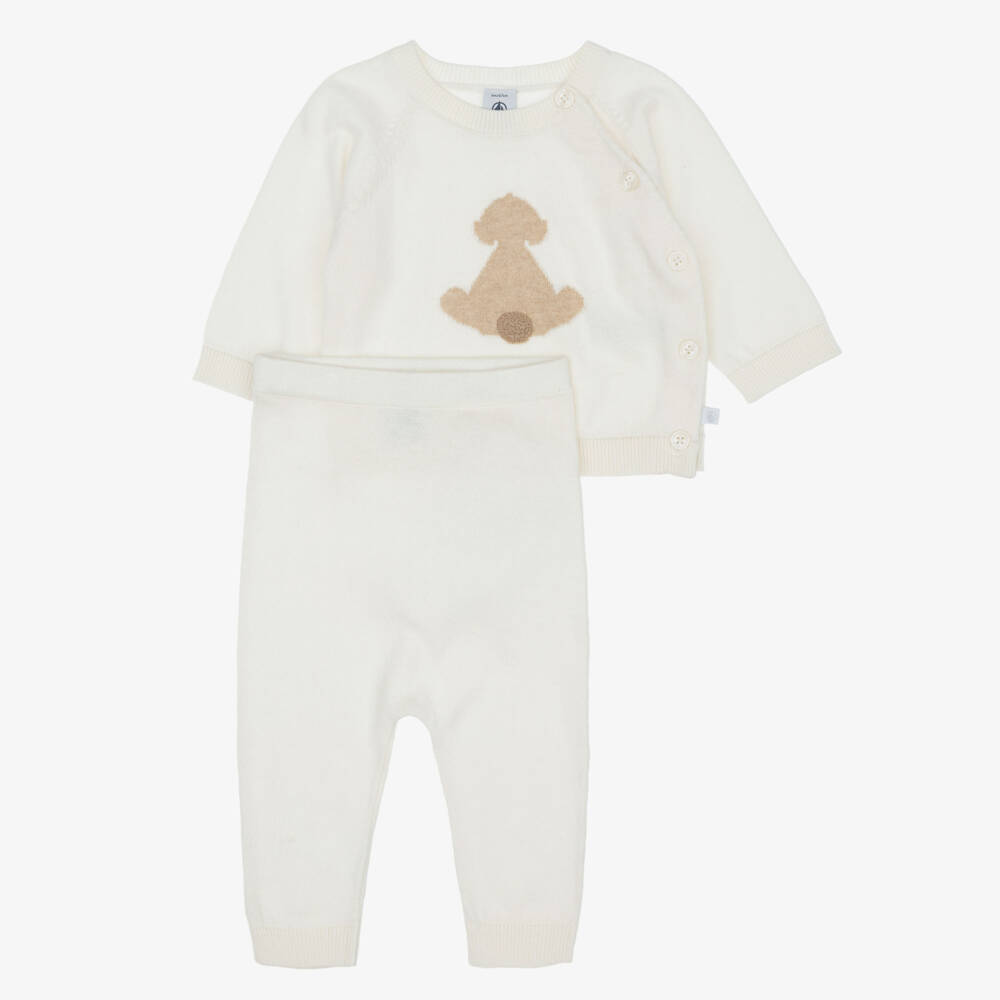 Petit Bateau-Ivory Organic Cotton Knit Baby Trouser Set | Childrensalon