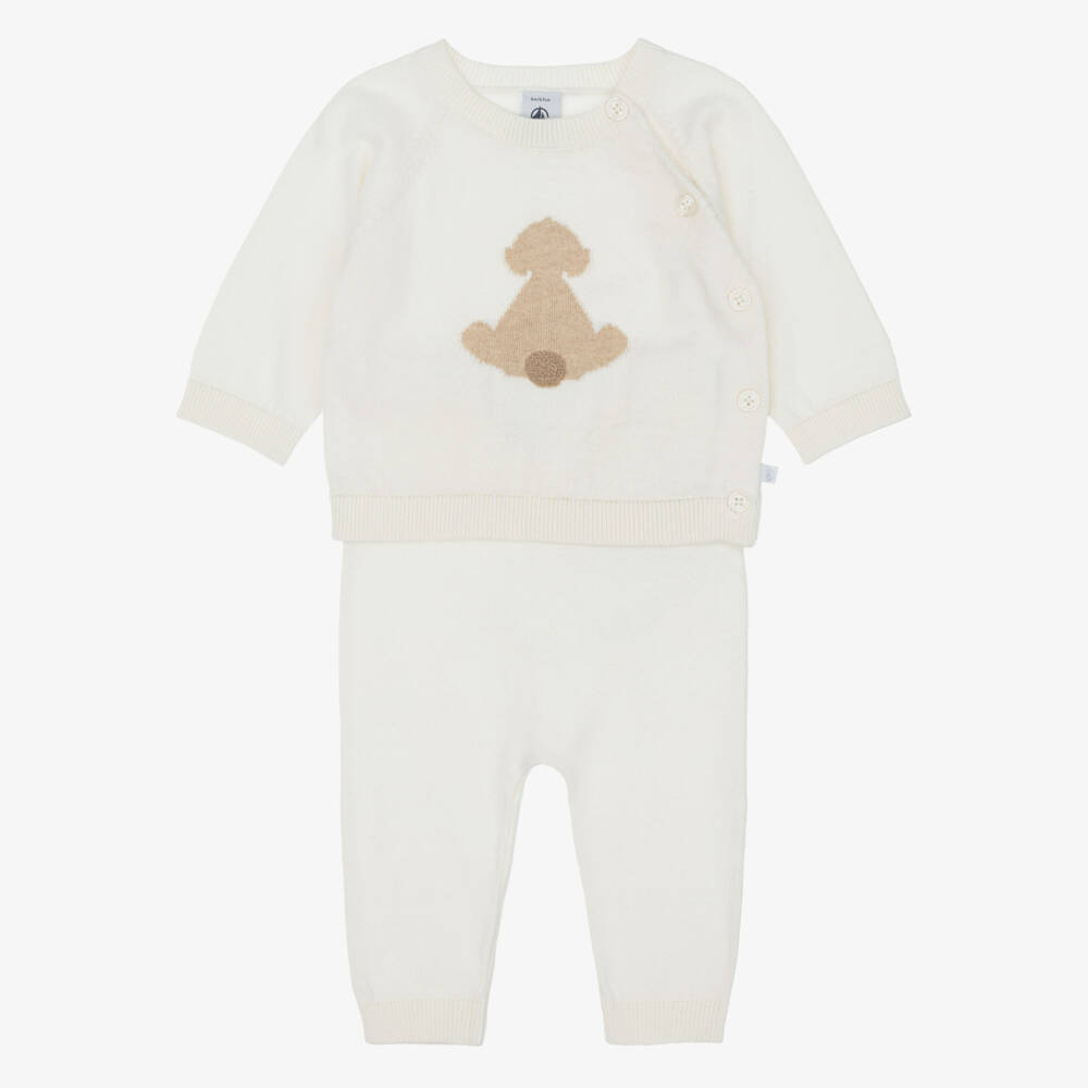 Petit Bateau-Ivory Organic Cotton Knit Baby Trouser Set | Childrensalon