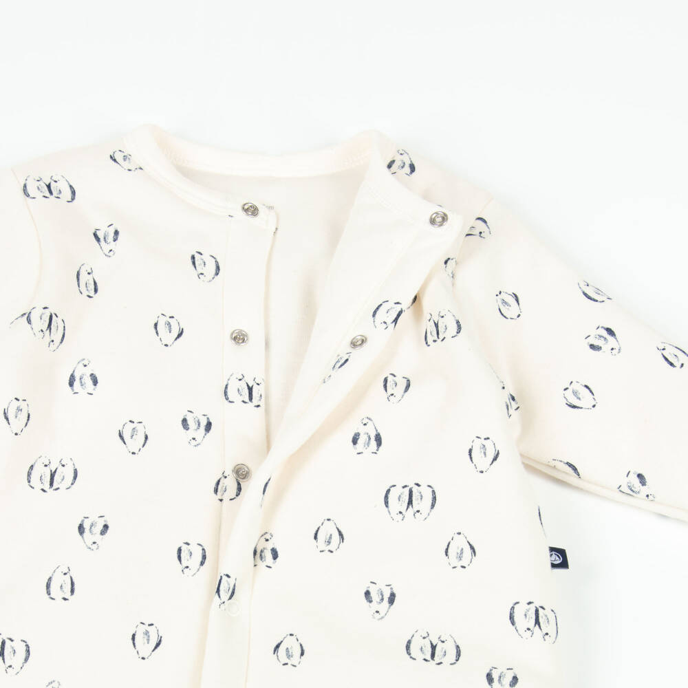 Petit Bateau-Ivory Penguin Print Cotton Baby Romper | Childrensalon