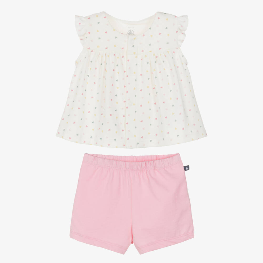 Petit Bateau-Baby Girls Ivory & Pink Cotton Shorts Set with Heart Prints | Childrensalon