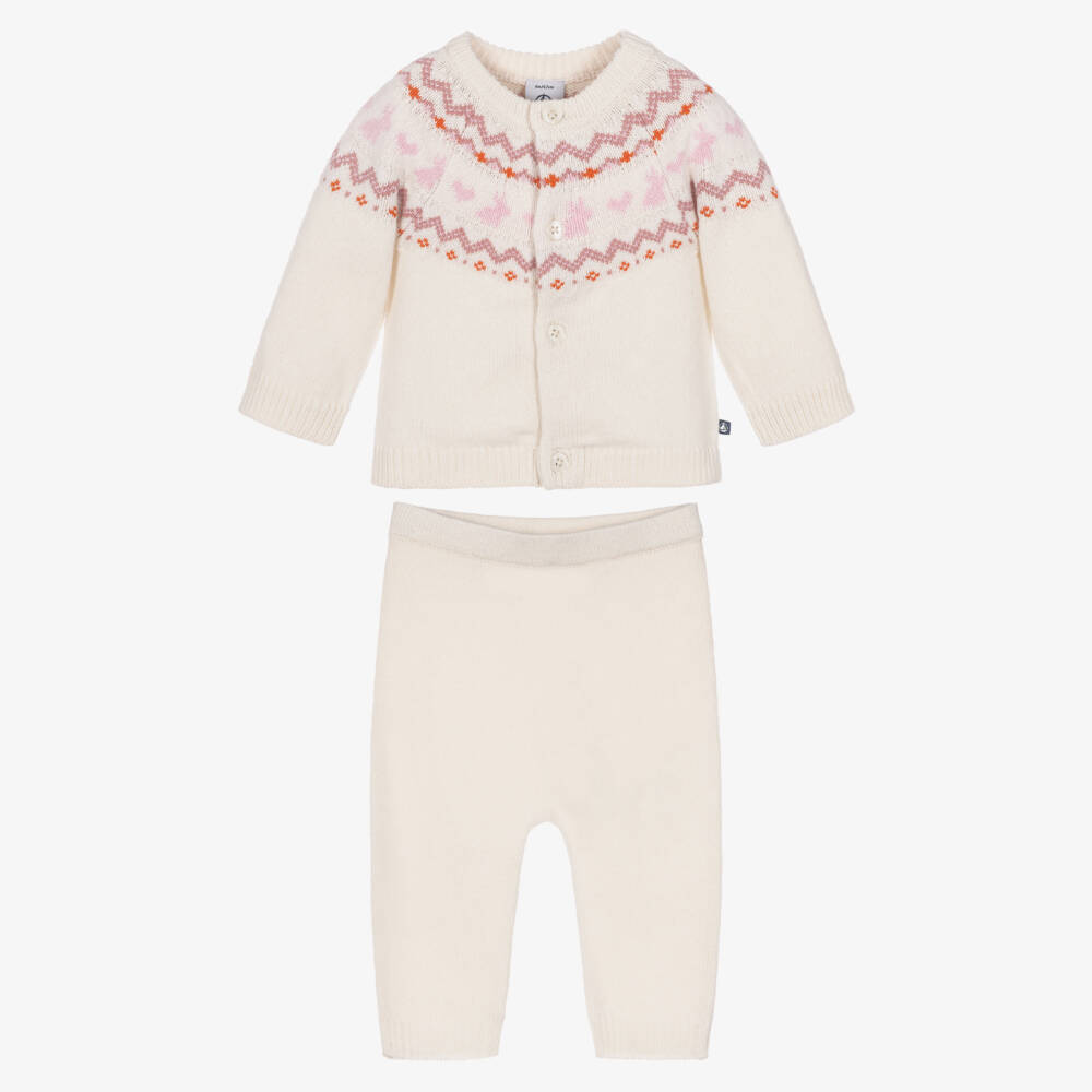 Petit Bateau-Ivory & Pink Jacquard Knit Trouser Set | Childrensalon