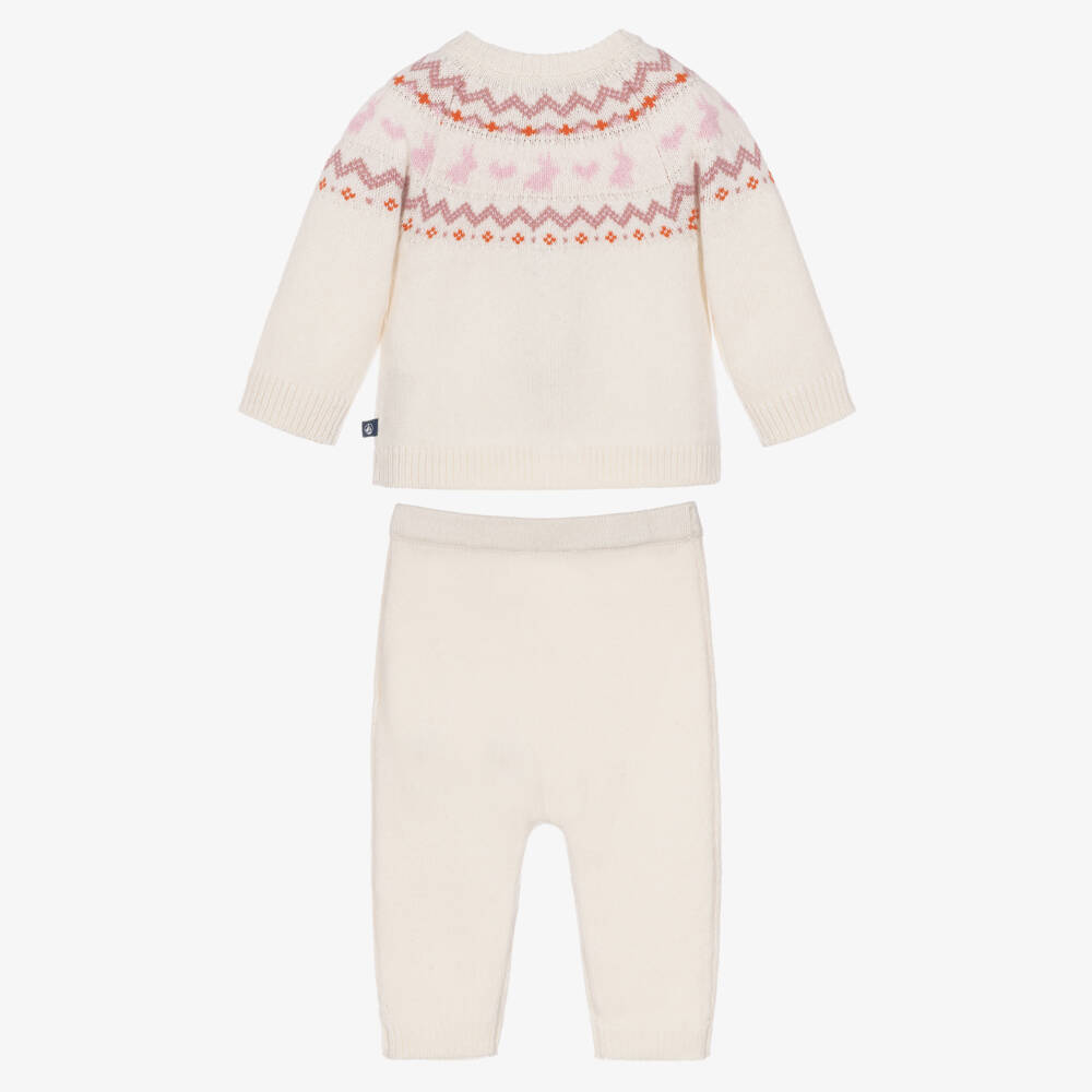 Petit Bateau-Ivory & Pink Jacquard Knit Trouser Set | Childrensalon