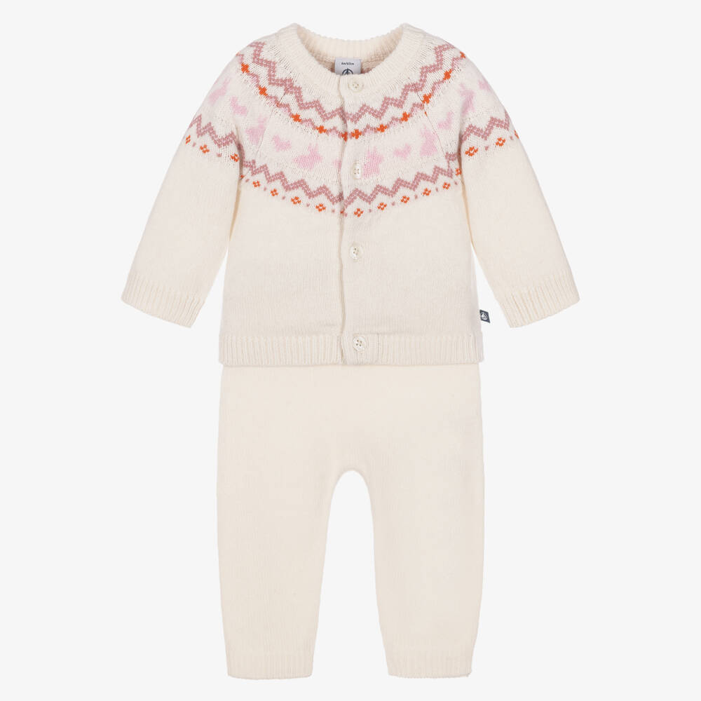 Petit Bateau-Ivory & Pink Jacquard Knit Trouser Set | Childrensalon