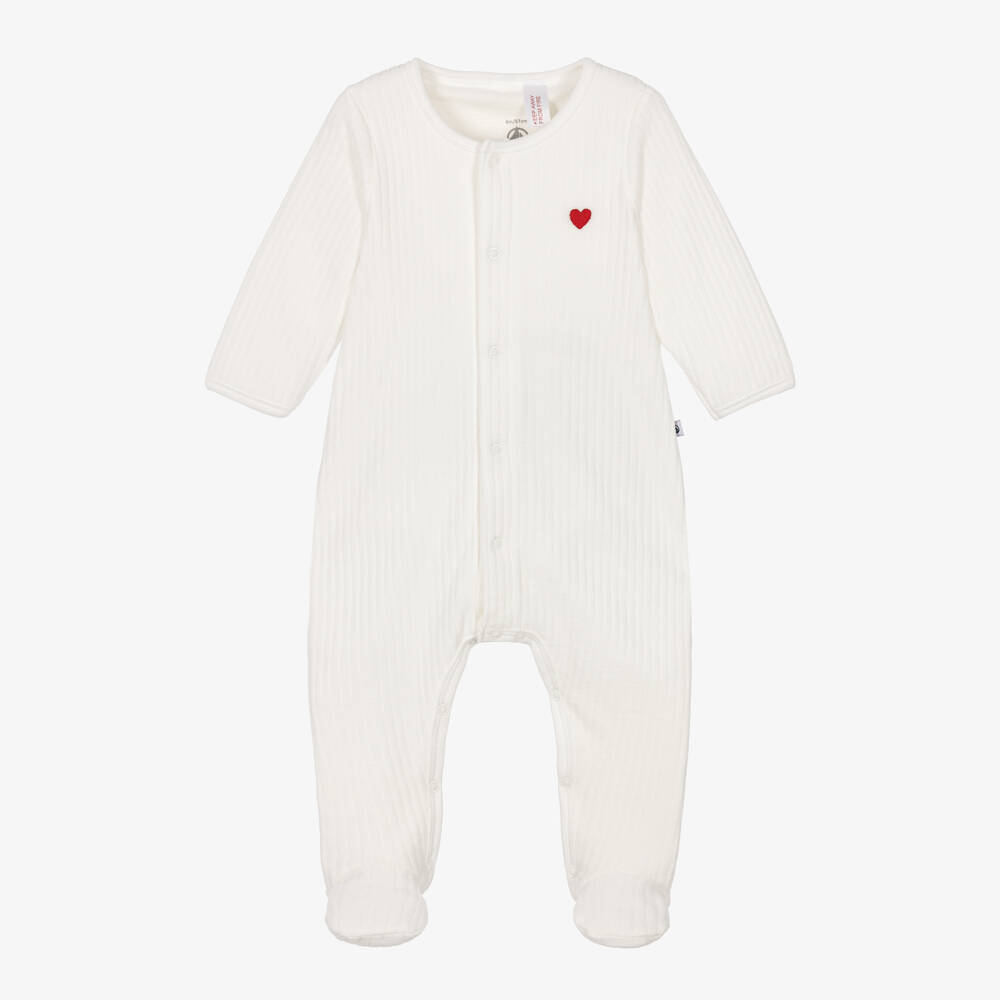 Petit Bateau-Ivory Ribbed Velour Babygrow with Heart Detail | Childrensalon