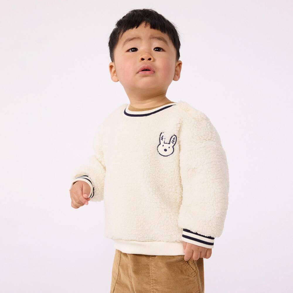 Petit Bateau-Ivory Sherpa Fleece Sweatshirt with Rabbit Embroidery | Childrensalon