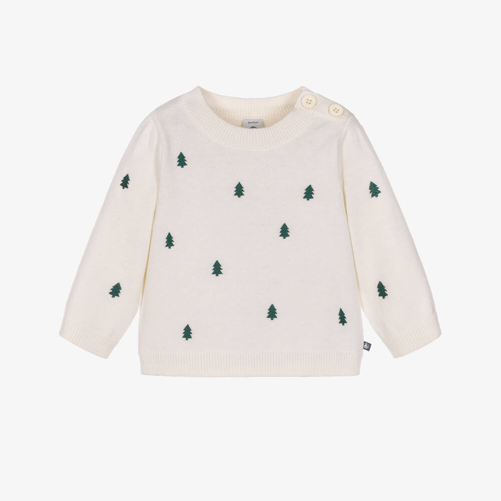 Petit Bateau-Ivory Sweater with Embroidered Christmas Trees | Childrensalon