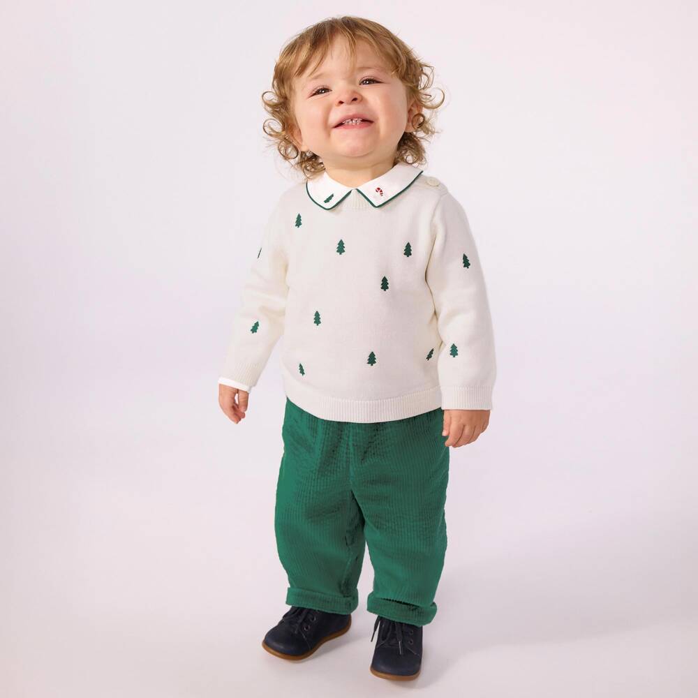 Petit Bateau-Ivory Sweater with Embroidered Christmas Trees | Childrensalon