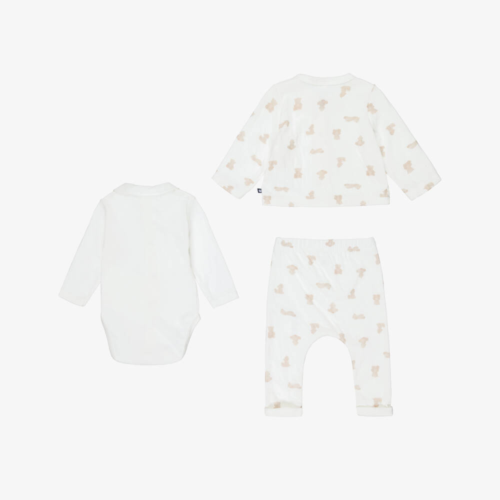 Petit Bateau-Ivory Teddy Print Cotton Baby Trouser Set  | Childrensalon